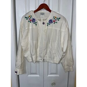 Vintage 80's George Georgiou Cropped White Embroidered Flowers Jacket Size 12